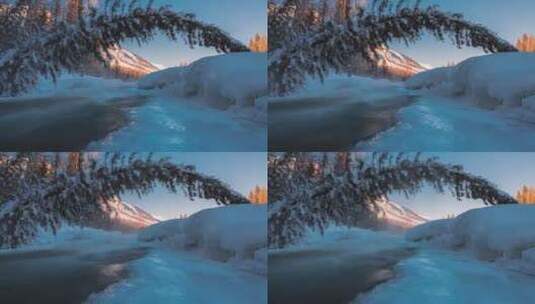 新疆阿勒泰喀纳斯禾木河冬季日落延时风光高清在线视频素材下载