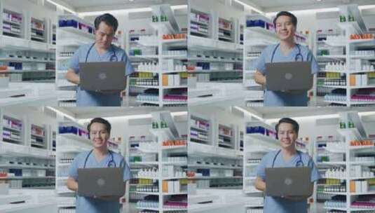 亚洲男医生与听诊器手持笔记本电脑和微笑在高清在线视频素材下载