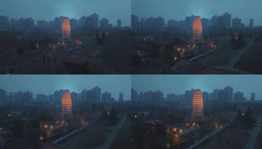 西安小雁塔干净通透夜景航拍高清在线视频素材下载