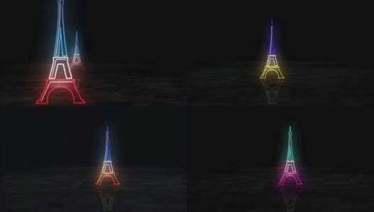 埃菲尔铁塔霓虹灯符号3d飞行之间高清在线视频素材下载