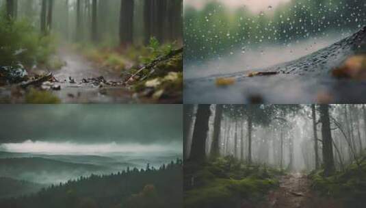 森林的雨季雨水雨滴阴天高清在线视频素材下载