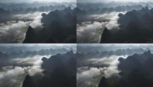 日出时分桂林漓江峡谷上空的云雾缭绕高清在线视频素材下载