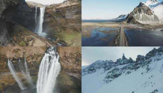 4k航拍冬天冰岛震撼风景冰川瀑布合集3高清在线视频素材下载