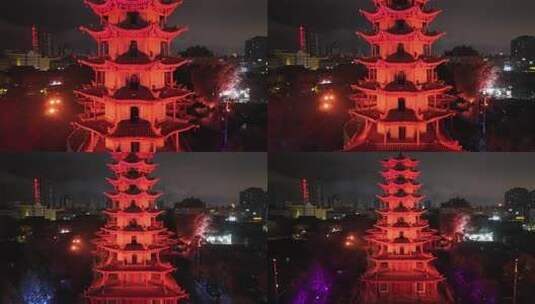 甘肃张掖木塔寺夜景灯光航拍高清在线视频素材下载