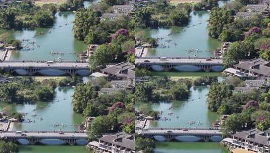 桂林阳朔遇龙河竹筏漂流阳朔工农桥航拍高清在线视频素材下载