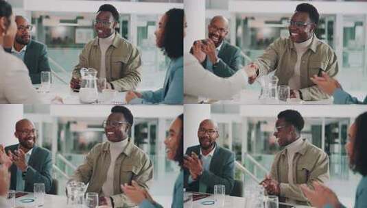 掌声，交易或商人在会议上握手庆祝获胜高清在线视频素材下载