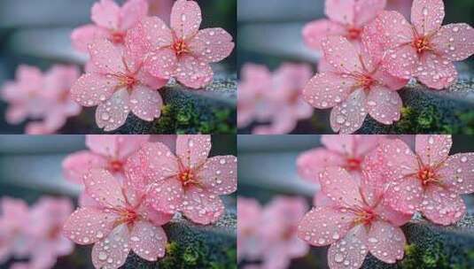 雨中带水珠的粉色落花特写高清在线视频素材下载