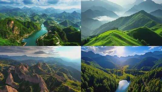 航拍云贵高原青山绿水山峰森林河流湖泊高清在线视频素材下载