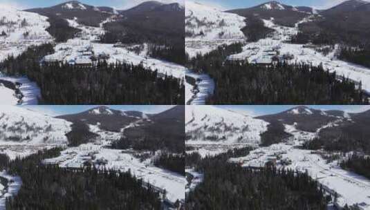 航拍新疆冬季喀纳斯河流晨雾雪山森林雪景高清在线视频素材下载