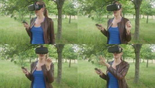 女子在公园里体验虚拟现实高清在线视频素材下载