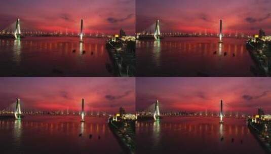 海口世纪大桥晚霞夜景倒影跨海大桥夕阳03高清在线视频素材下载