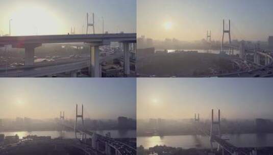 南浦大桥清晨航拍风光高清在线视频素材下载