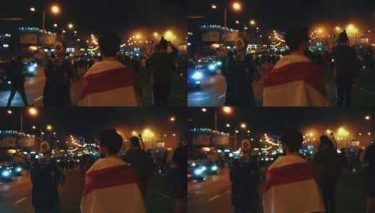 白俄罗斯夜间街头的抗议者高清在线视频素材下载