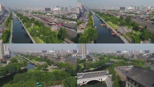 西安5A景区城墙护城河航拍高清在线视频素材下载