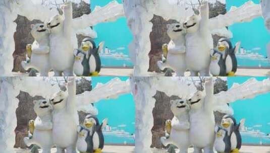 动物园公园雕塑白熊北极熊企鹅游乐场高清在线视频素材下载