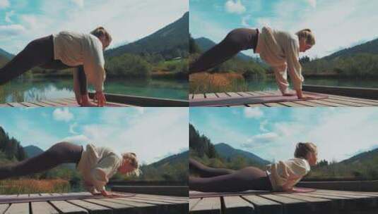 女人在湖边做瑜伽高清在线视频素材下载
