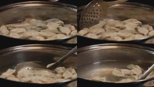 水饺饺子用漏勺盛出在半空中高清在线视频素材下载