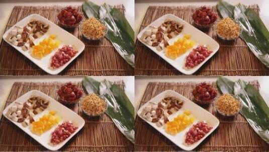 特写肉粽食材香菇五花肉蛋黄高清在线视频素材下载