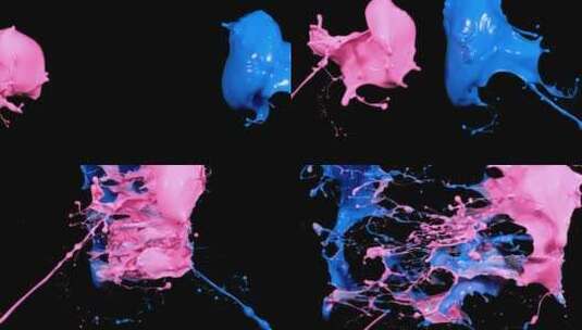 蓝色粉色液体颜料泼洒交叉飞溅高清在线视频素材下载