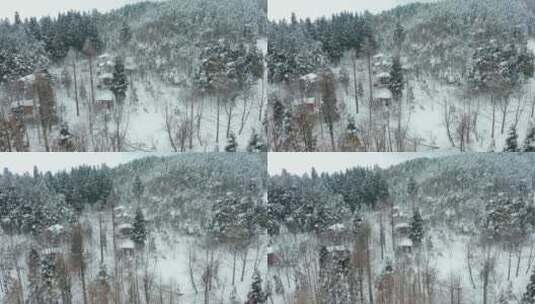浙江金华山森林露营基地小木屋冬季雪景航拍高清在线视频素材下载