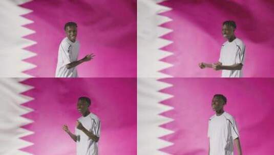 年轻足球运动员在卡塔尔国旗前对着镜头庆祝高清在线视频素材下载