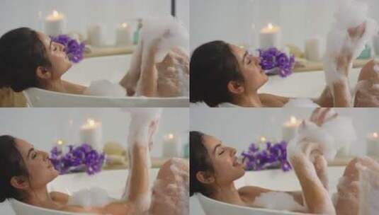 洗泡泡浴的女人高清在线视频素材下载