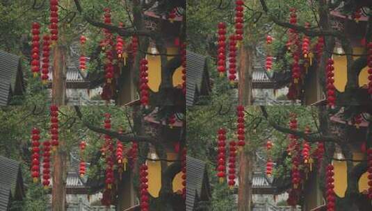 下雨天杭州上天竺寺庙古建筑前树上挂着灯笼高清在线视频素材下载