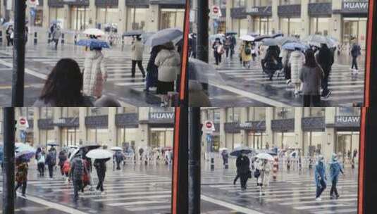 上海南京路下雨行人撑伞过马路斑马线红绿灯高清在线视频素材下载