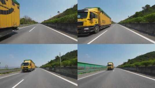 行驶在高速公路上的韵达快递物流厢式卡车高清在线视频素材下载