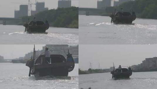 珠江口岸江边小镇胥家人水域江上小渔船行驶高清在线视频素材下载