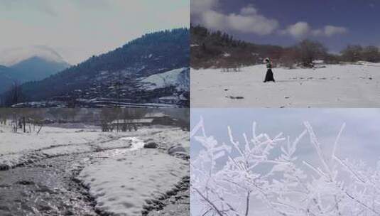 阿坝州藏族姑娘雪地行走高清在线视频素材下载