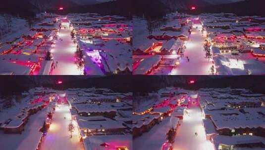 中国黑龙江雪乡夜景航拍高清在线视频素材下载