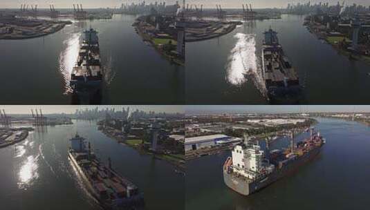 城市航拍货轮进入海港港口墨尔本澳大利亚高清在线视频素材下载