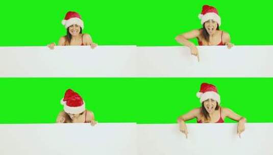 美女戴着圣诞帽显示在白色海报上高清在线视频素材下载