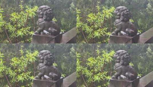 下雨天石雕石狮子绿植1高清在线视频素材下载
