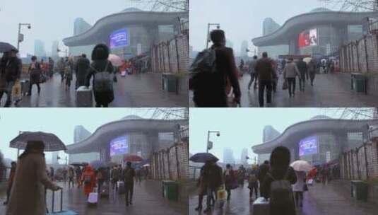 武汉火车站雨天旅客人流 加速高清在线视频素材下载
