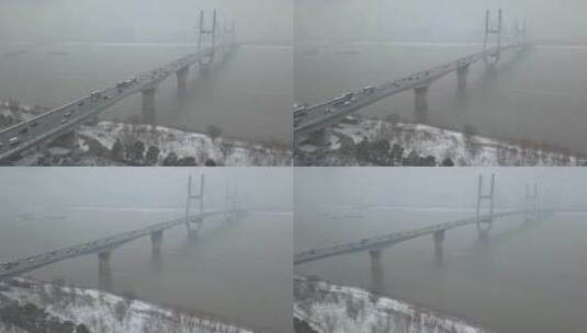 航拍武汉长江二桥冬天下雪高清在线视频素材下载