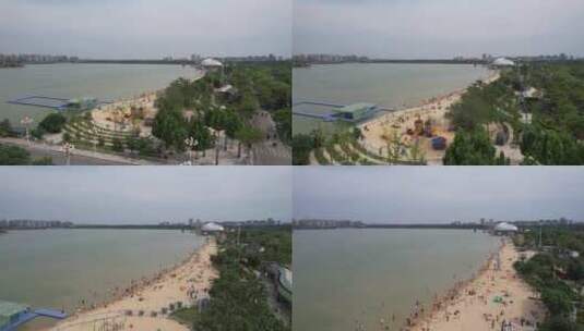 山东聊城东昌湖风景区沙滩夏日风景航拍高清在线视频素材下载
