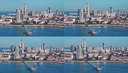 青岛老城区青岛湾航拍高清在线视频素材下载