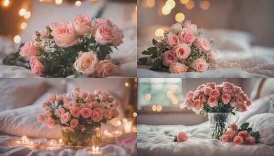 温馨浪漫的卧室床上摆放着一束玫瑰花高清在线视频素材下载