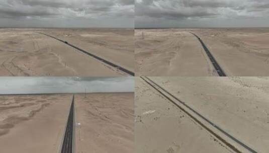 航拍塔克拉玛干沙漠公路高清在线视频素材下载