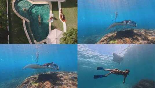 比基尼美女游泳潜水鱼群玩乐度假村度假酒店高清在线视频素材下载