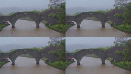 清明雨季江西赣州拱桥中式氛围大雨空镜头高清在线视频素材下载