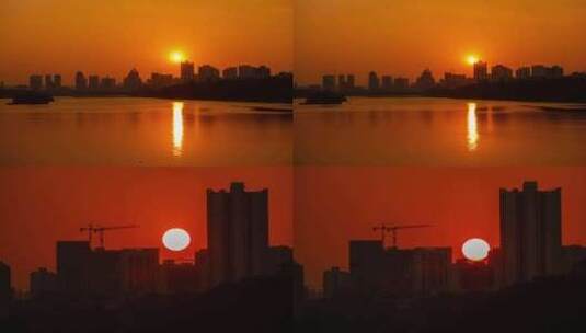 南宁南湖公园城市天际线剪影黄昏傍晚日落高清在线视频素材下载