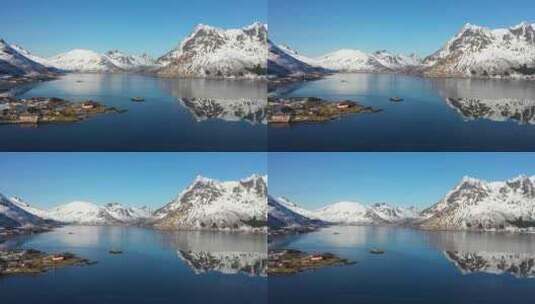 挪威罗弗敦岛的鸟瞰图。雷恩村的冬天，雪景高清在线视频素材下载