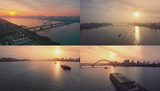 【合集】杭州钱塘江日出货轮复兴大桥高清在线视频素材下载