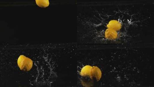 柠檬黄，柑橘柠檬，黑色背景下掉入水中的水高清在线视频素材下载