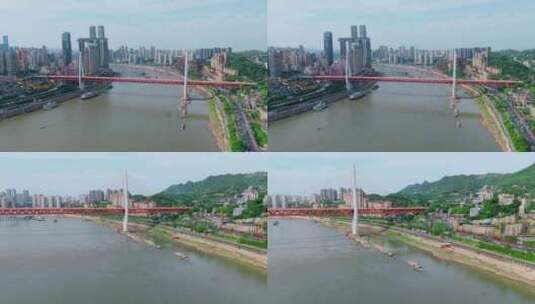 重庆千厮门大桥和索道航拍高清在线视频素材下载