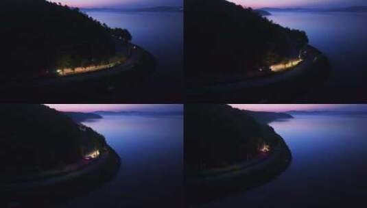 太阳蓝调时刻汽车行驶在森林中氛围视频高清在线视频素材下载