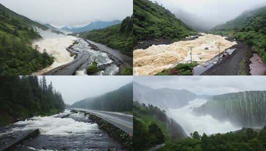 山间道路旁浑浊湍急的洪流景象高清在线视频素材下载